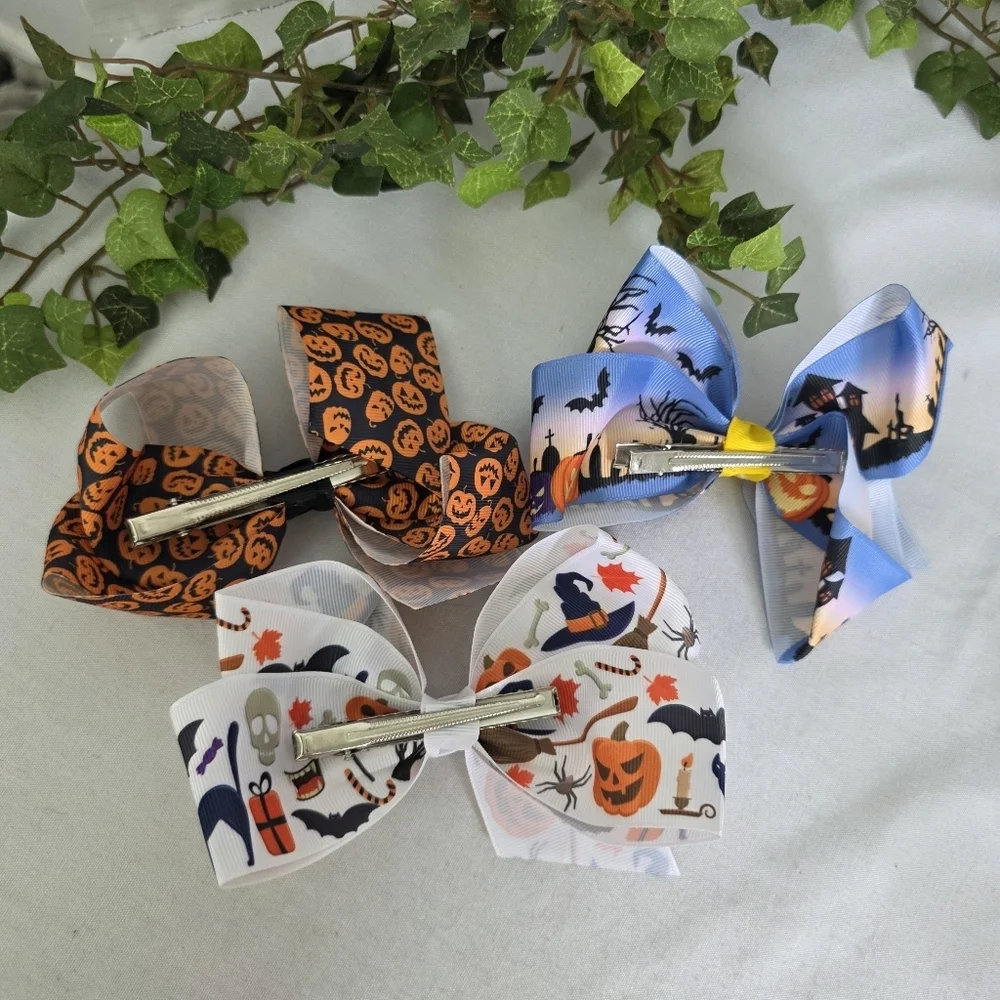 Set Of 3 Halloween Ribbon Hair Bows